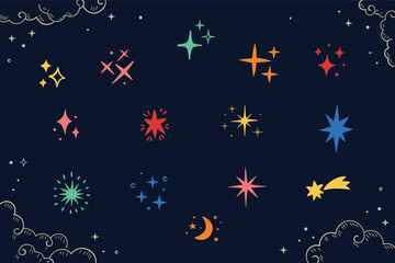 Wall Mural - colorful sparkle stars icon set, vector hand drawn design element.