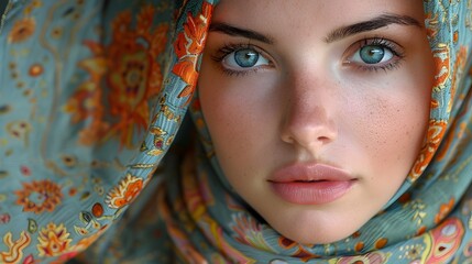 Wall Mural - A close-up shot of a Muslim woman wearing a beautifully patterned hijab, highlighting the details and colors of the fabric. List of Art Media Photograph inspired by Spring magazine