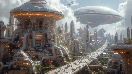 Wall Mural - a futuristic colony on Mars, a big city build in Arcology style, Busy traffic of futuristic ground and aircraft vehicles between the tall buildings,