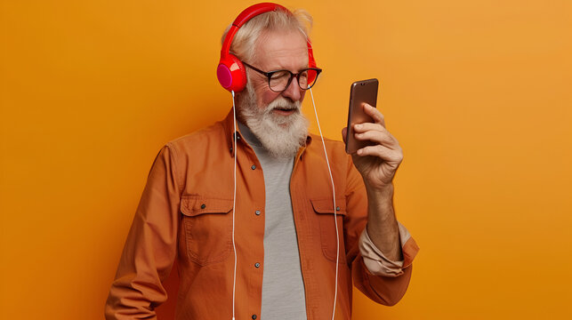 Funny Aged Man with Mobile Application, Listening to Tunes on Headphones in Studio