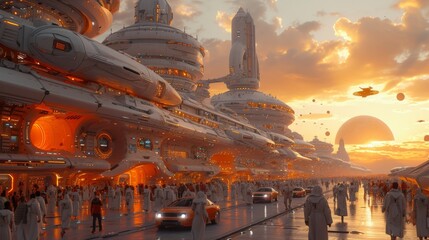 Wall Mural - a futuristic colony on Mars, a big city build in Arcology style, Busy traffic of futuristic ground and aircraft vehicles between the tall buildings,