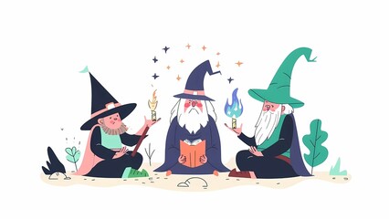 Wall Mural - 3 magical enchanted wizards sitting down casting spells wearing wide brimmed pointy hat magic fire large long fluffy beard studying magical spells