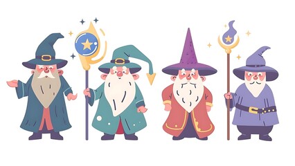 Wall Mural - 4 standing magical enchanted wizards casting spells wearing wide brimmed pointy hat magic fire large long fluffy beard
