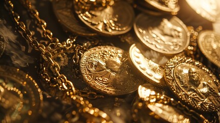 Poster - Gold coin histamenon 13th century Byzantium on the background of vintage gold coins and chains selective focus money abstraction : Generative AI
