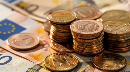 Poster - Pile of euro coins on euro notes : Generative AI