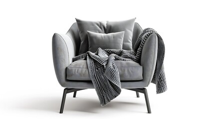 Fototapete - One grey armchair with pillow and blanket isolated on white : Generative AI