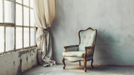 Poster - Vintage armchair against white wall and big window with curtain Space for your copy : Generative AI