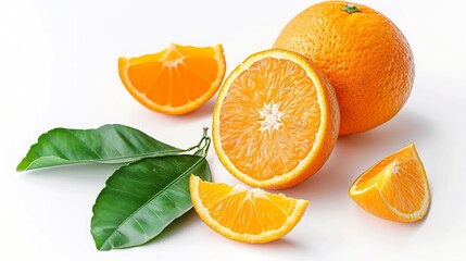 Poster - Orange fruit isolate Orange citrus on white background Whole orange fruit with leaves Clipping path Full depth of field Perfect not AI orange fruit true photo : Generative AI