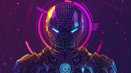 An android with glowing eyes and neon lights, against a dark background