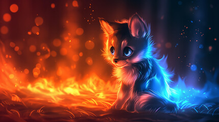 Cute little wolf cub, glowing fur, cute cartoon style, cute eyes, cute pose, orange and blue light background