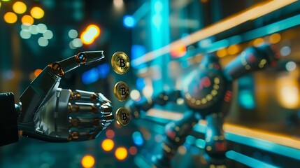 Poster - Robot trading concept Robot hand represents use of artificial intelligence in trading stocks Gold coins are displayed as graphs on smartphone Digital transformation technology Ai make  : Generative AI