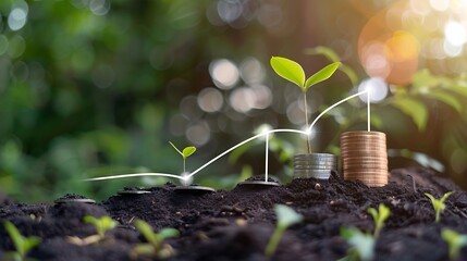 Aufkleber - Growing moneyfinance and investment Seedling are growing with business arrow of growthYoung plants on coin stacks  increase Concept of business growthprofit development and success : Generative AI