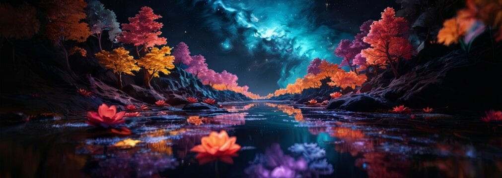 A beautiful, colorful, and serene scene of a river with trees and flowers