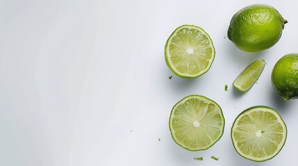 Aufkleber - Green lime with cut in half and slices isolated on white background : Generative AI