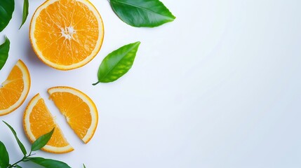 Poster - Orange slice isolate Orange fruit slices and a whole with leaves on white background Orang with full depth of field : Generative AI