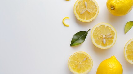 Aufkleber - Ripe lemon with slices isolated on white background with full depth of field Top view Flat lay : Generative AI