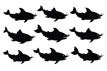 Wall Mural - Set of Banjo Catfish animal black silhouette vector on white background