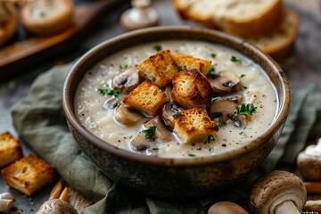 Wall Mural - A bowl of soup with mushrooms and bread crumbs on top