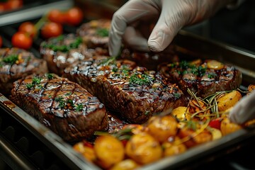 Wall Mural - photograph of Hand holding and taking out beef steak from the stainless steel tray on black table