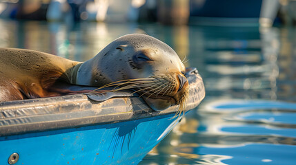 View of a sea lion seal sleeping in the boat in Santa Barbara marina, California, USA