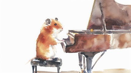 A water color of a hamster, playing a tiny piano, in a miniature concert hall, Clipart isolated on white