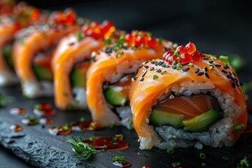 Wall Mural - A sushi roll with avocado and salmon on top of a black plate