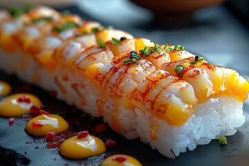 Wall Mural - A long roll of sushi with a yellow sauce on top