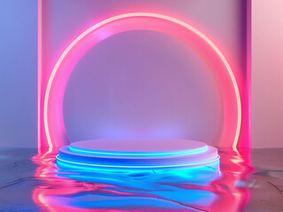 Poster - Neon Pink and Blue Lights with Podium for Product Display with copy space text for social media