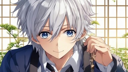 Wall Mural - a handsome young man with silver hair image, anime.
