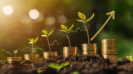 Wall Mural - Growing moneyfinance and investment Seedling are growing with business arrow of growthYoung plants on coin stacks  increase Concept of business growthprofit development and success : Generative AI