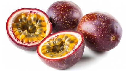 Poster - Isolated passionfruit Collection of whole and cut passion fruits maracuya isolated on white background with clipping path : Generative AI