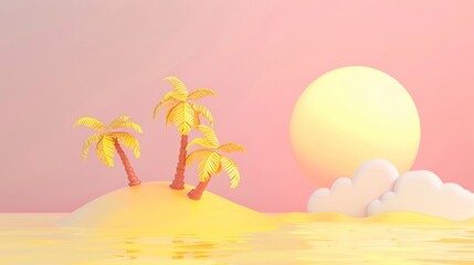 Wall Mural - 3D render of a simple tropical island with palm trees and sun