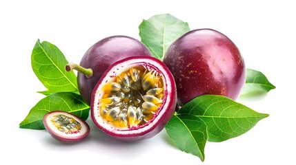 Poster - whole passion fruits and a half with leaves isolated on white background Isolated maracuya : Generative AI