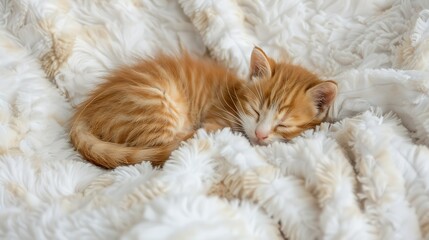 Poster - Cute little red kitten sleeps on fur white blanket : Generative AI