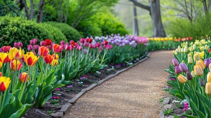 Canvas Print - A serene garden pathway lined with blooming tulips of various colors, inviting a peaceful stroll.