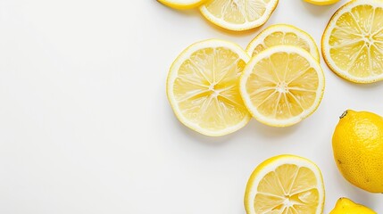 Poster - Ripe lemon with slices isolated on white background with full depth of field Top view Flat lay : Generative AI