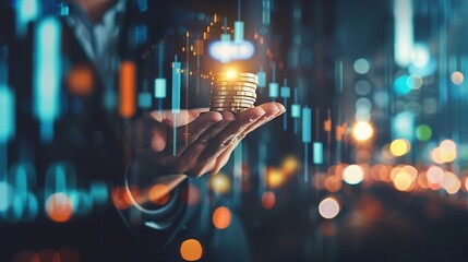 Poster - investment and finance concept businessman holding virtual trading graph and blurred coins on hand stock market profits and business growth : Generative AI