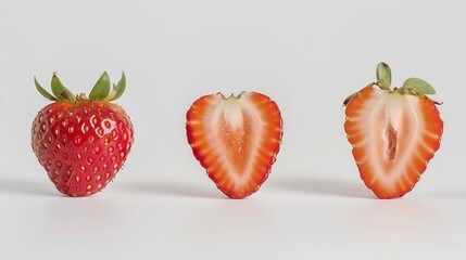 Poster - Isolated strawberries Three fruits one cut in half on white background : Generative AI