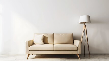 Wall Mural - Beige couch and lamp on white wall background : Generative AI
