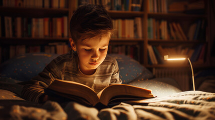 A boy is reading in his room at night, illuminated by the soft glow of a book lamp on top of his bed.