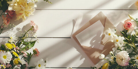 Wall Mural - white table with a gift envelope on it, and a white sheet of paper half peeking out of it, spring flowers