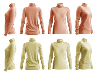 2 Set of woman pastel light yellow orange long sleeve turtleneck roll High neck top sweater tee t-shirt, front back side view on transparent cutout PNG file. Mockup template for artwork design