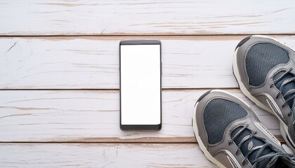 Smartphone with white screen and sneekers on wooden background