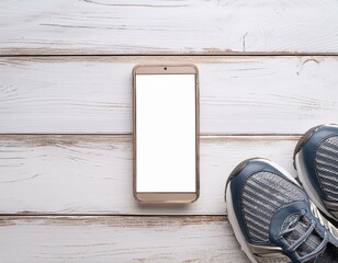 Smartphone with white screen and sneekers on wooden background