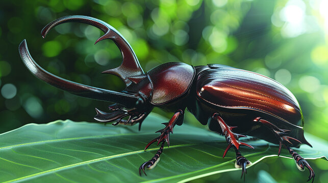 Close-up of a rhinoceros beetle on a green leaf, showcasing its impressive horns and glossy shell, set against a natural green background.