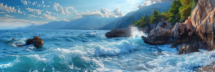 Wall Mural - Aerial View of Sea Waves and Fantastic Rocky Coast in Montenegro