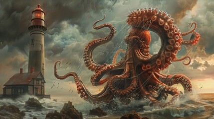 Wall Mural - A giant octopus is attacking a lighthouse.

