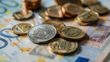 Poster - Pile of euro coins on euro notes : Generative AI