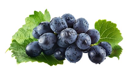 Poster - Dark blue grape with leaves isolated on white background Wet fruit With clipping path Full depth of field : Generative AI