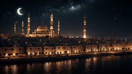 A panoramic view of Islamic mosque at night with a starry sky.